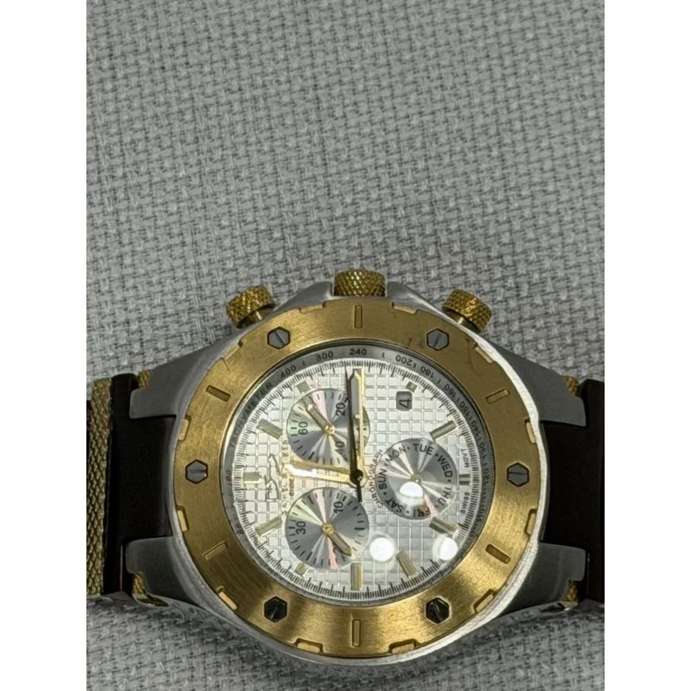 Daniel Steiger Men's Watch Round Silver & Gold/wt Date Chrono Dial Leather Band!